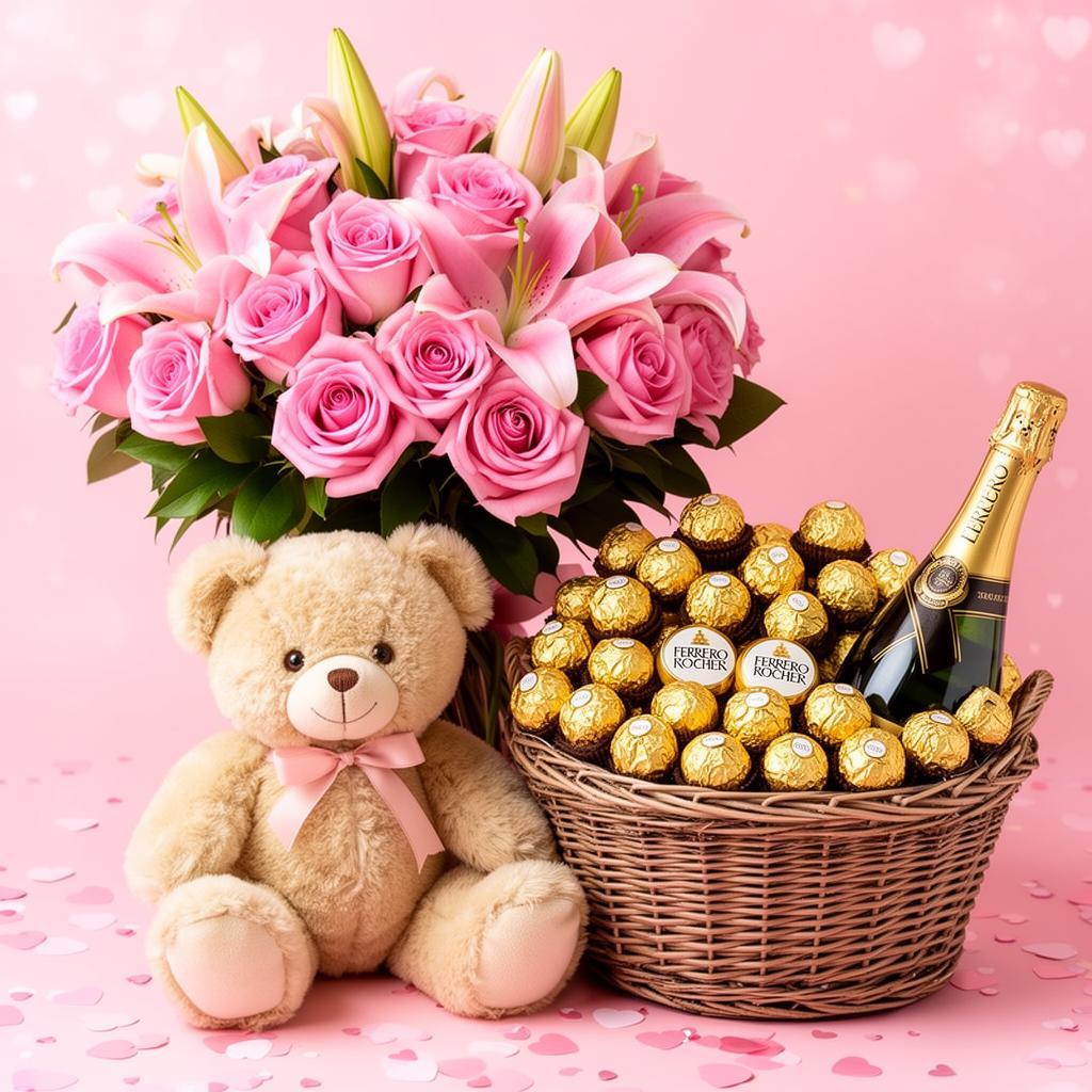 Presente romântico com flores e cesta